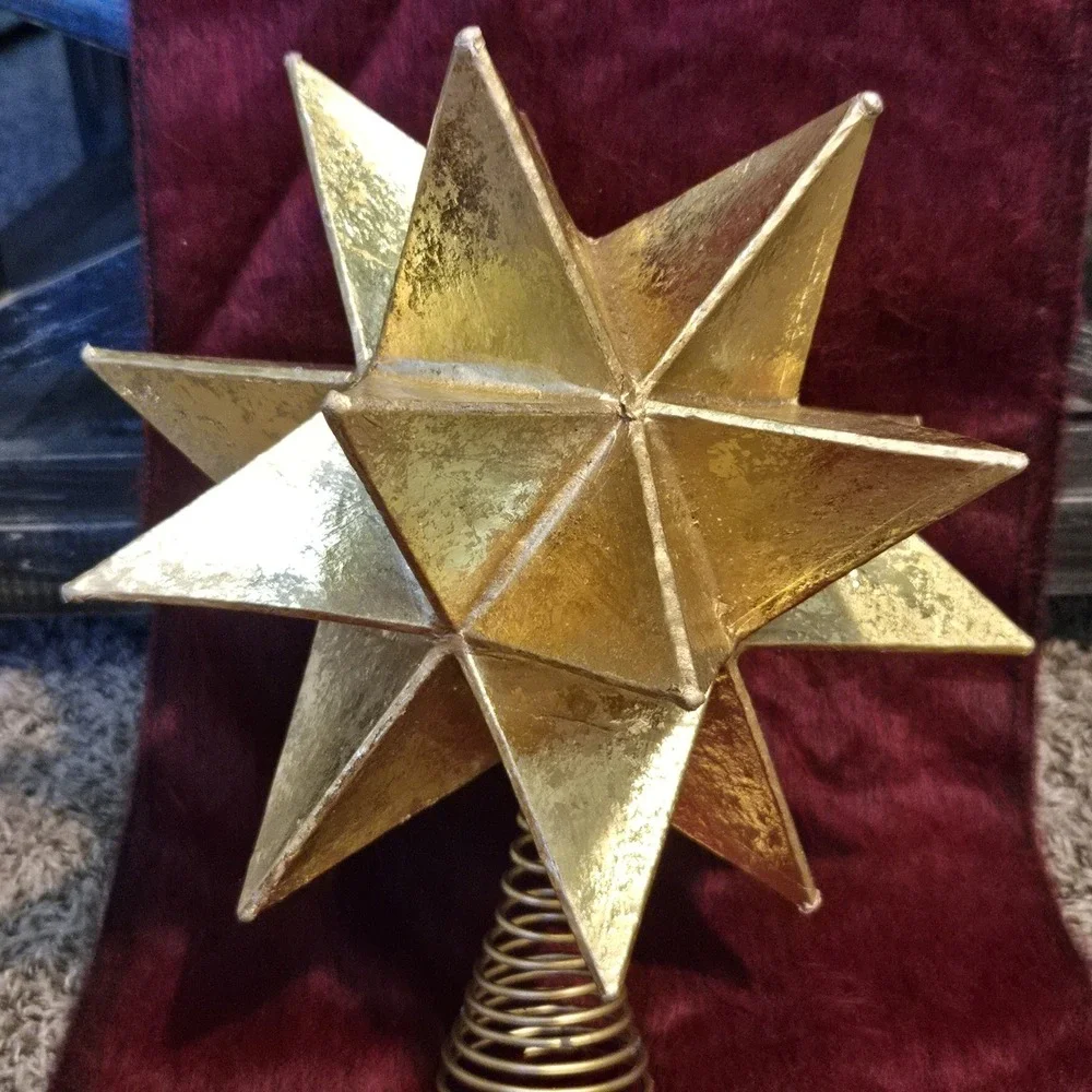 Vintage Gold Moravian Star Christmas Tree Topper Metal Spring 3D 9